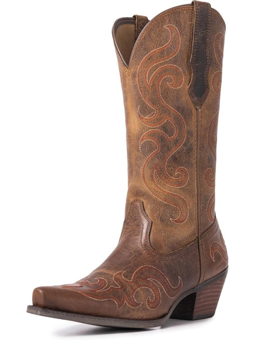 Women's Brown Leather Wide Calf Western Cowgirl Pointed Toe Chunky Mid Heel Boot